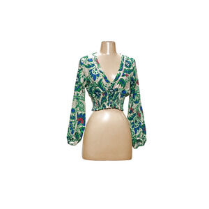 Zara Floral V-Neck Blouse - Green and Blue